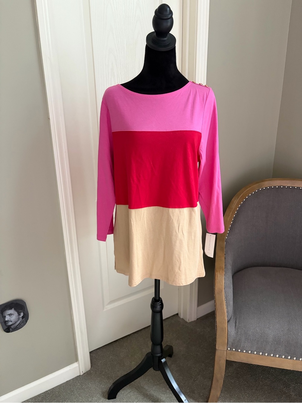 Charter Club Pink, Red & Cream Colorblock Long Sleeve Top